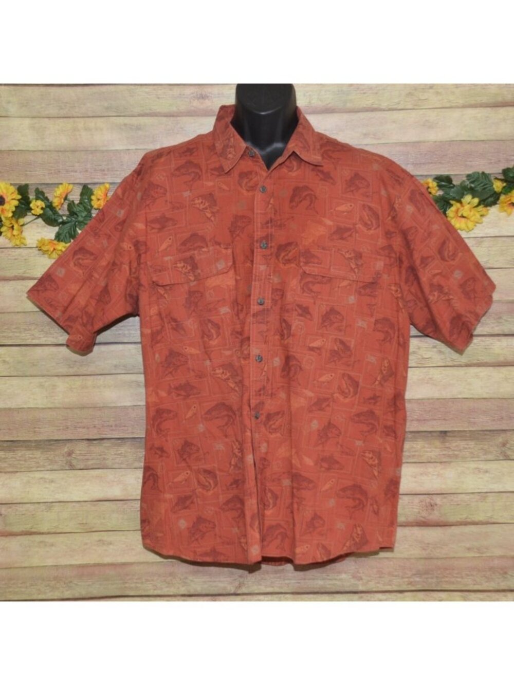 CABELA'S Size XL Short Sleeve Cotton Vented Fishing Shirt Burnt Orange Printed